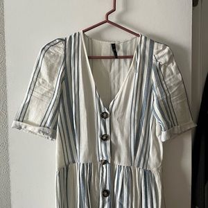 ZARA Blue and White Stripe Linen V Neck Midi Dress